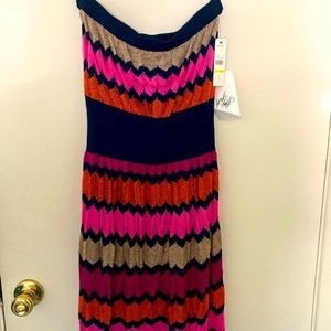 Laundry by Shelli Segal Strapless Neo Pink Multicolored Midi Dress Medium Pretty